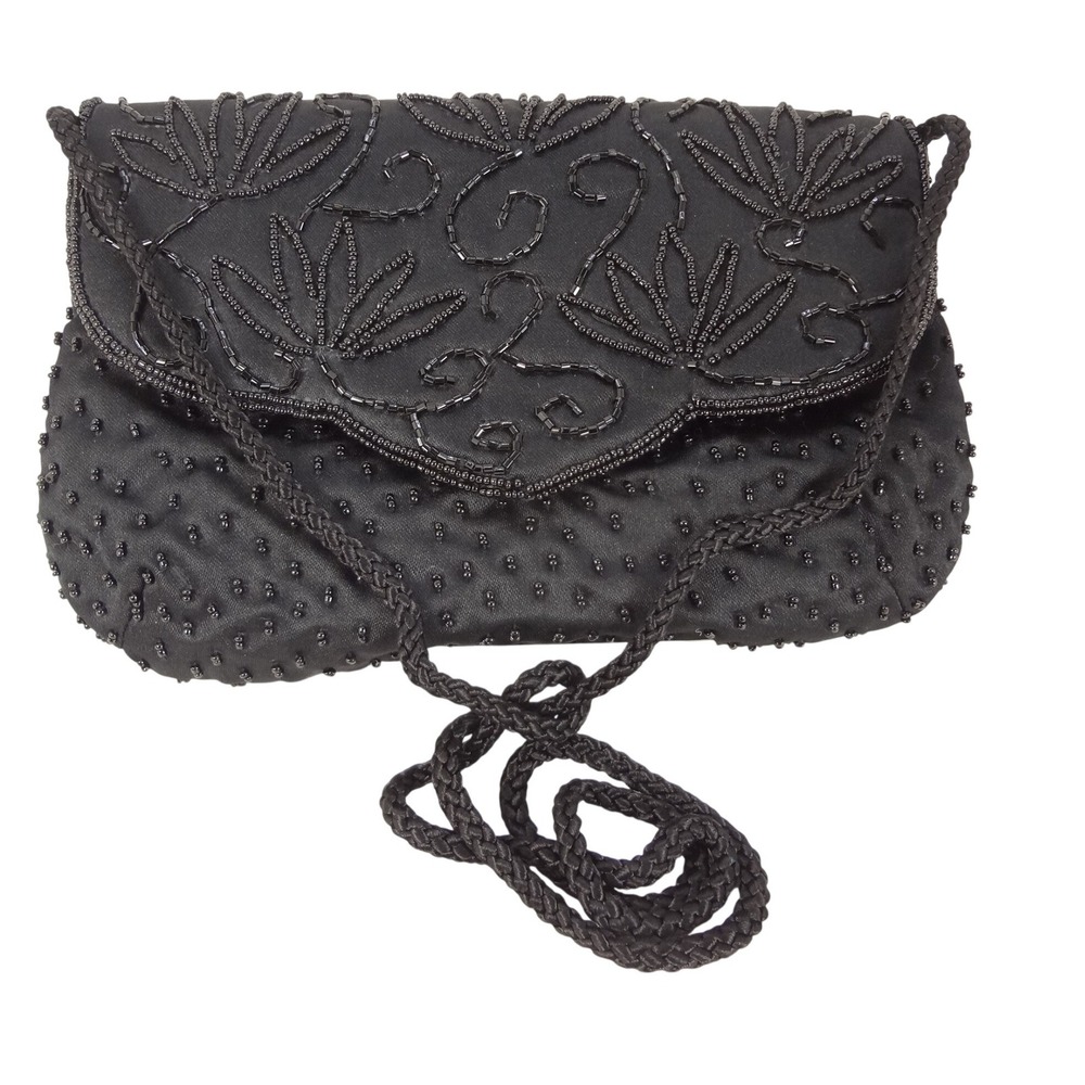 Unbranded Evening Bag Black Excellent Beaded Floral Satin Purse